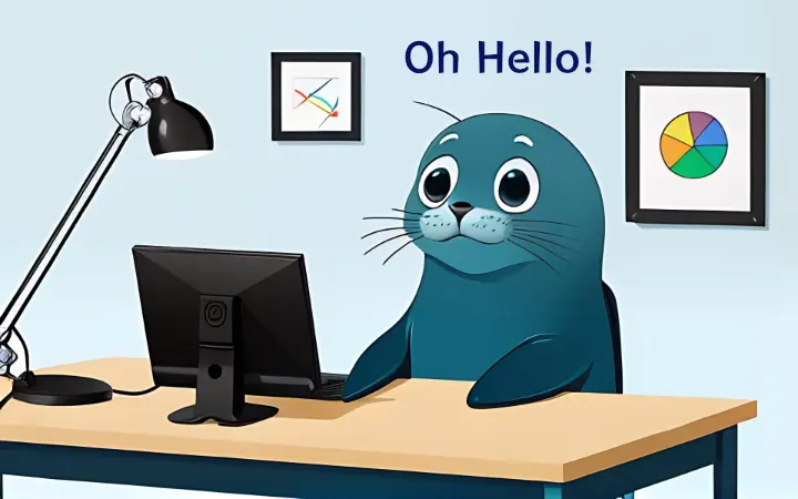 Hello Seal 720x450 Cartoon seal in a home office saying "Oh Hello!"